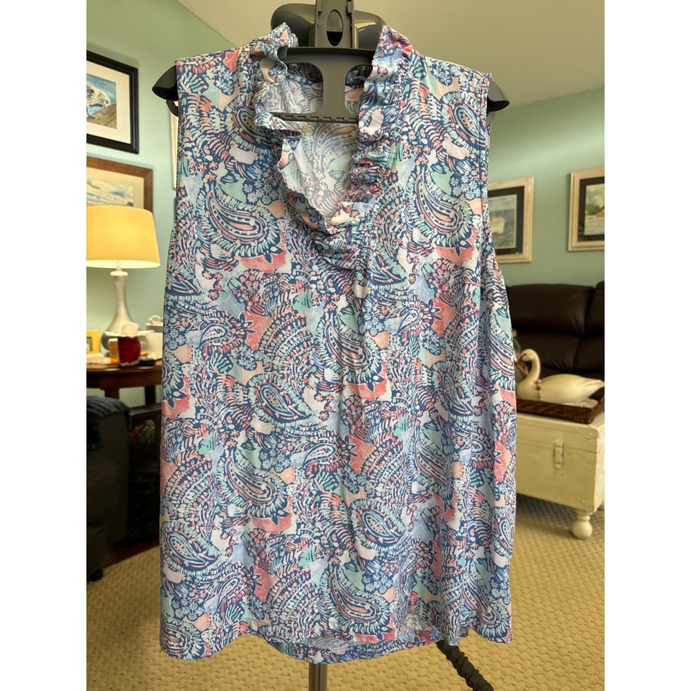 Crown & Ivy Womens XXL Paisley Ruffle Neck Sleeveless Blouse Blue Pink Rayon Top